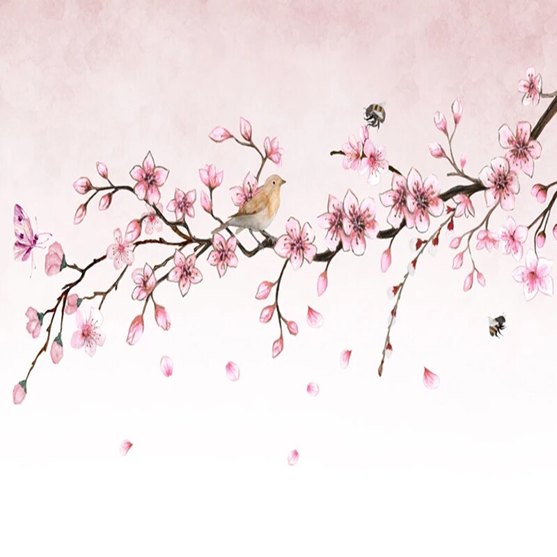 Mural Wallpaper Pink Flowers Butterflies Bird