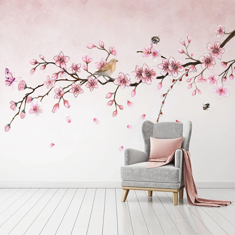 Mural Wallpaper Pink Flowers Butterflies Bird