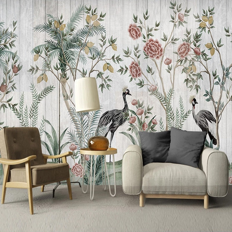 Mural Wallpaper Pastoral Flowers Birds