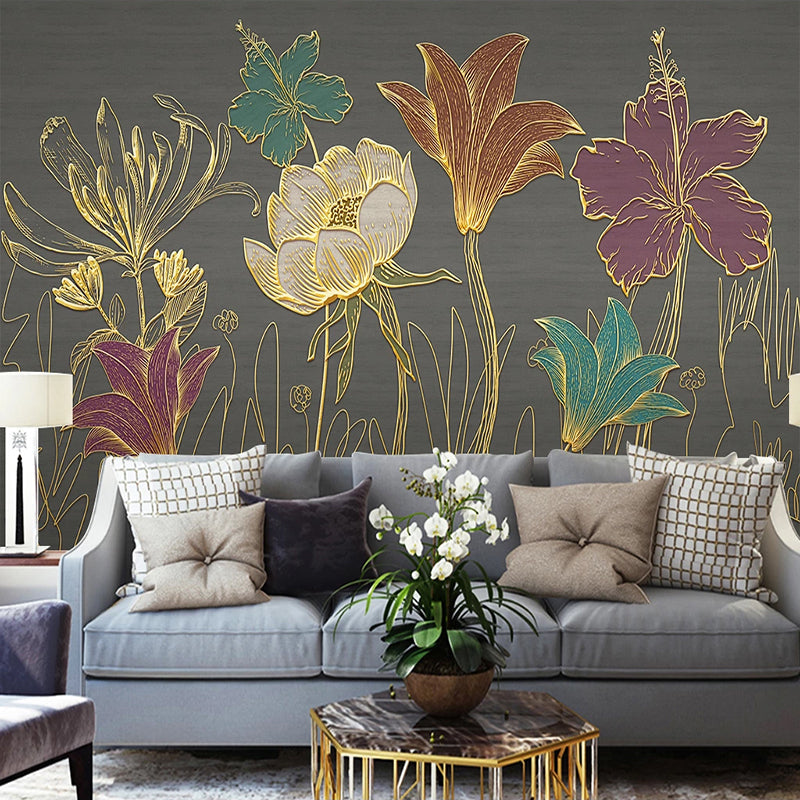 Mural Wallpaper Golden Embossed Flower Leaves