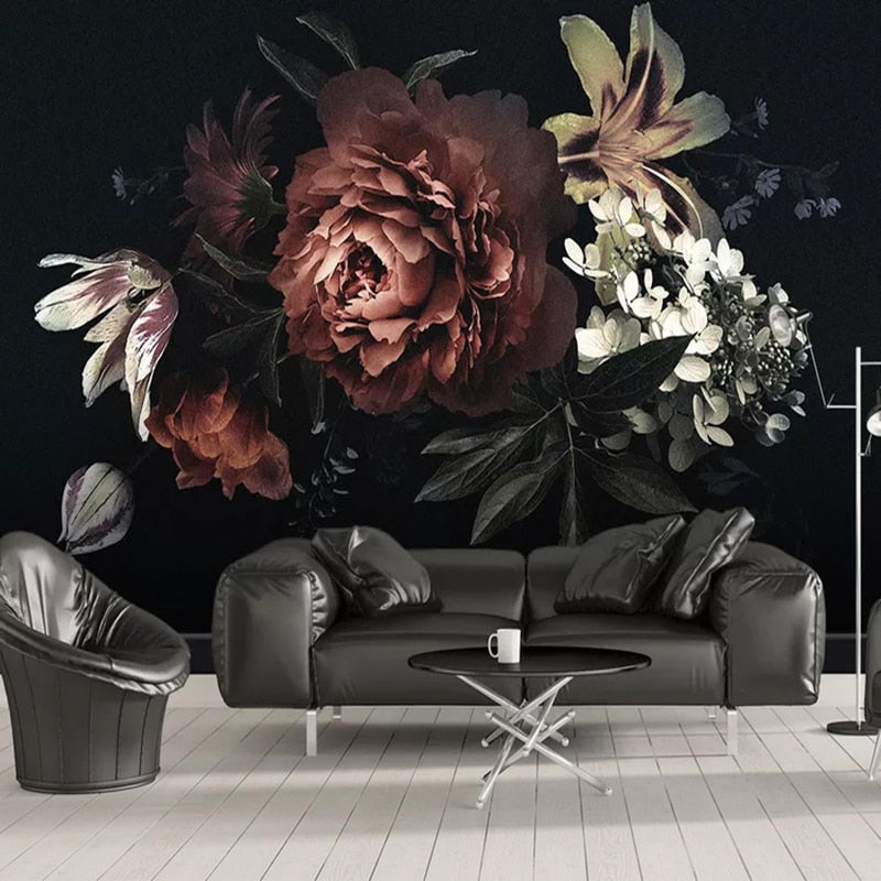 Papel pintado floral mural para un interior negro moderno 