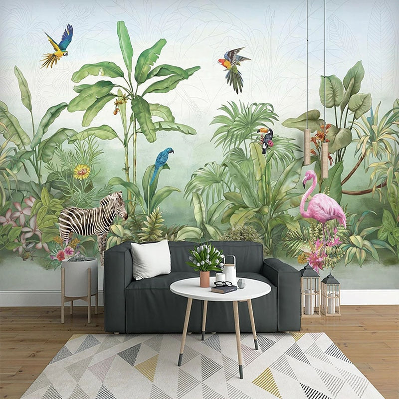 Mural Wallpaper Tropical Plant Flower Bird Animal