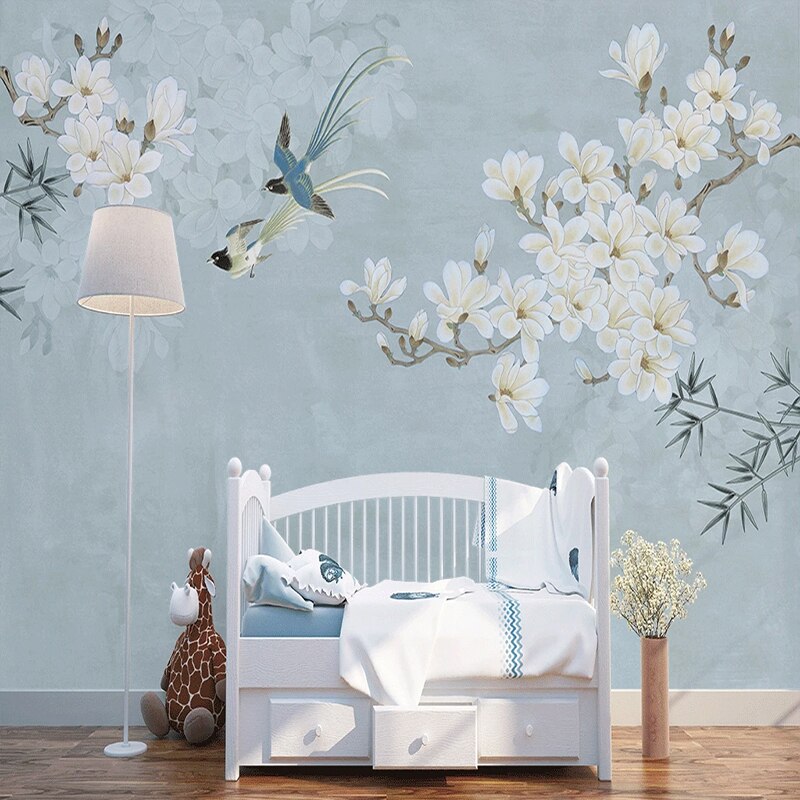 Mural Papel Pintado Estilo Chino Magnolia Flor Pájaro 