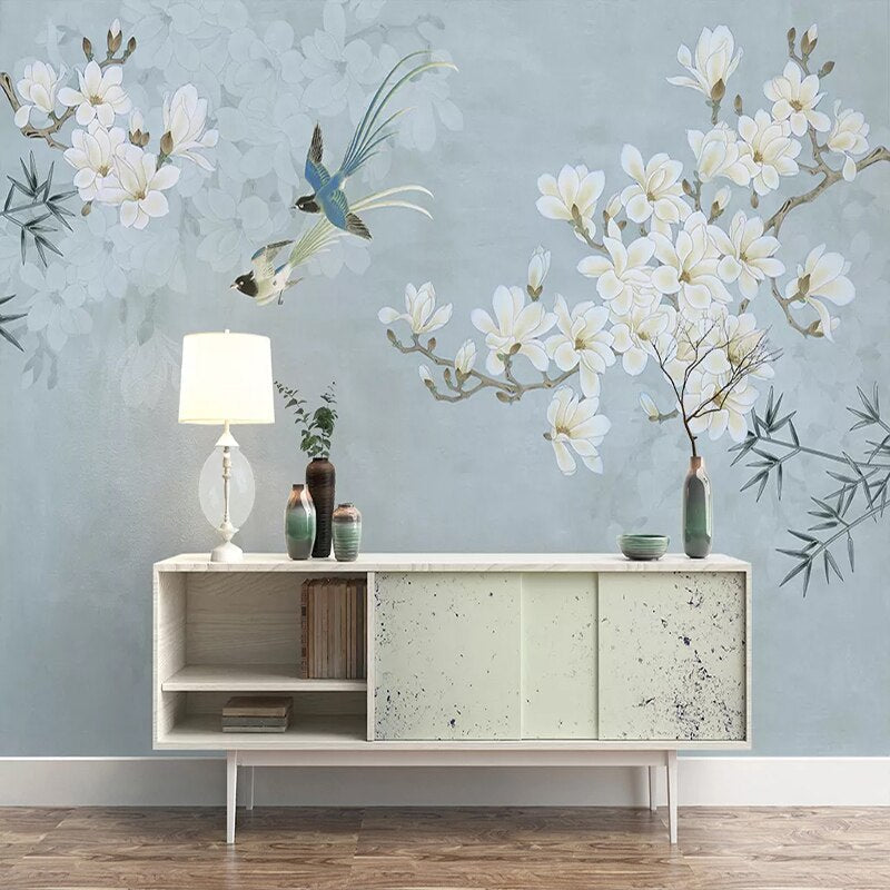 Mural Papel Pintado Estilo Chino Magnolia Flor Pájaro 