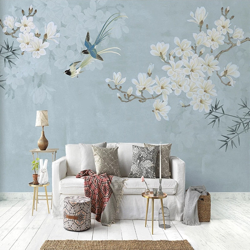 Mural Papel Pintado Estilo Chino Magnolia Flor Pájaro 