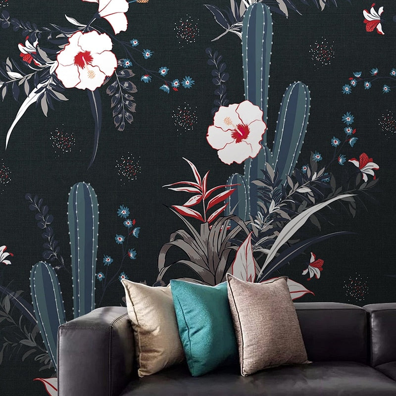 Mural Fondo Oscuro Papel Tapiz Flor Tropical Cactus 