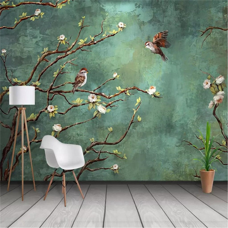 Mural Papel Pintado de Flores y Pájaros con Pintura al Óleo de Estilo Chino 