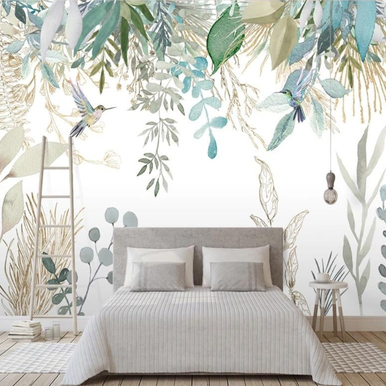 Mural Wallpaper Tropical Plant Leaves Flowers Birds