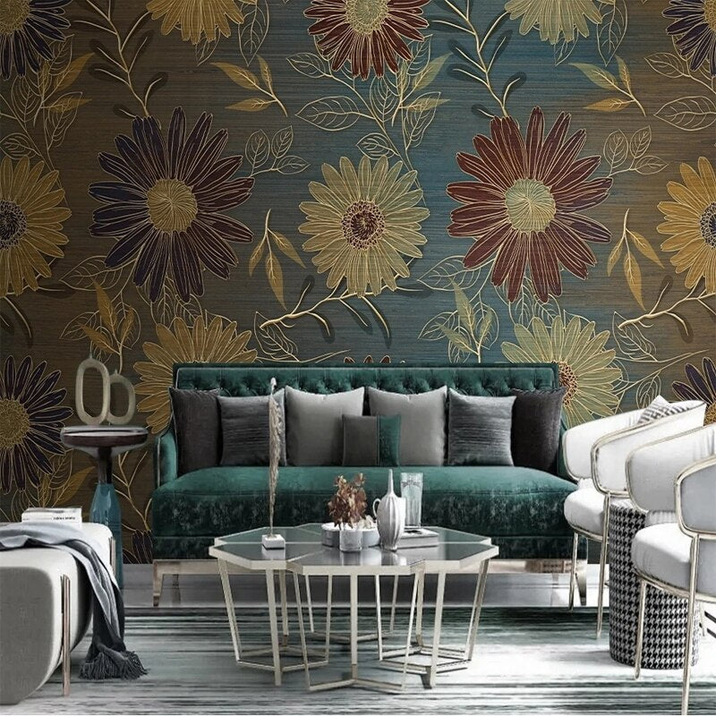 Mural Wallpaper Retro Flowers Plants Pattern