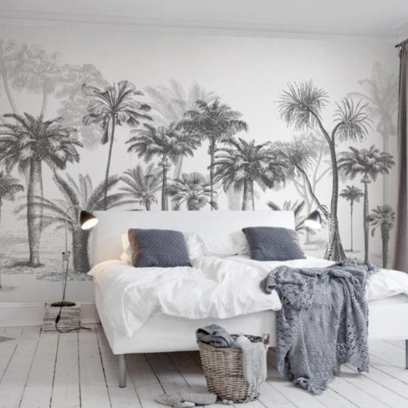 Papel pintado de palmeras en blanco y negro 