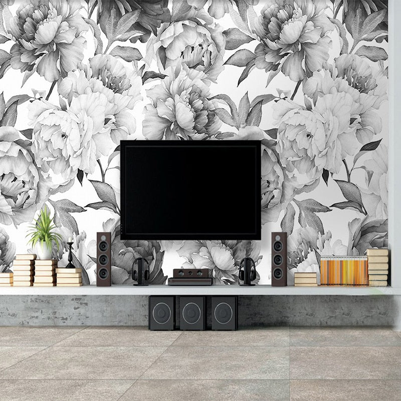 Floral Wallpaper Mural Black and White Peony Flower