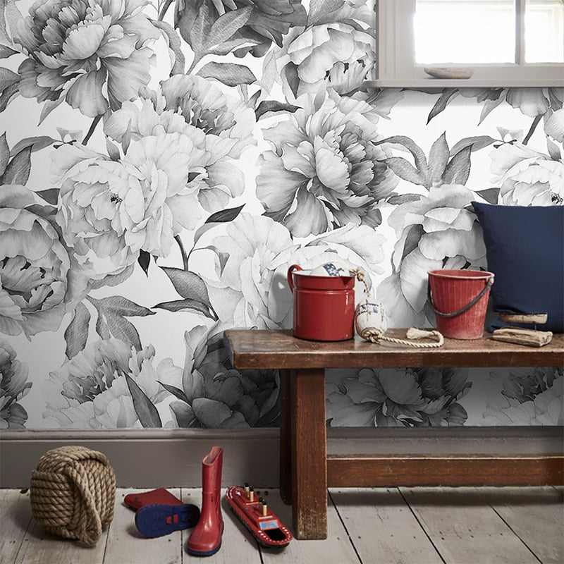 Floral Wallpaper Mural Black and White Peony Flower